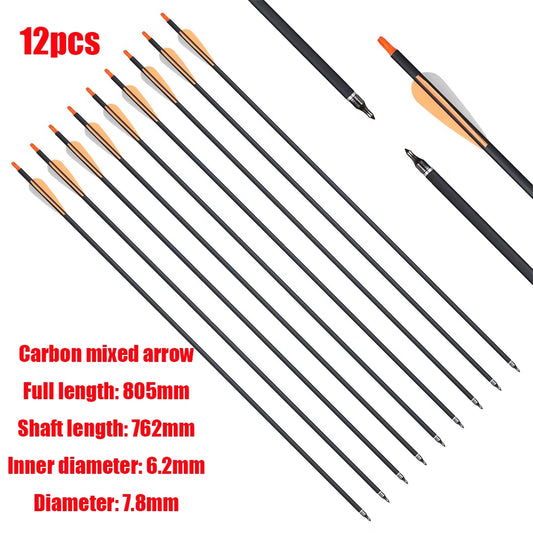 Archery 31.5Inch Orange Mixed Carbon Arrow Diameter 7.8Mm Spine 500 for Traditional Bow American Hunting Bow Shooting Hunting